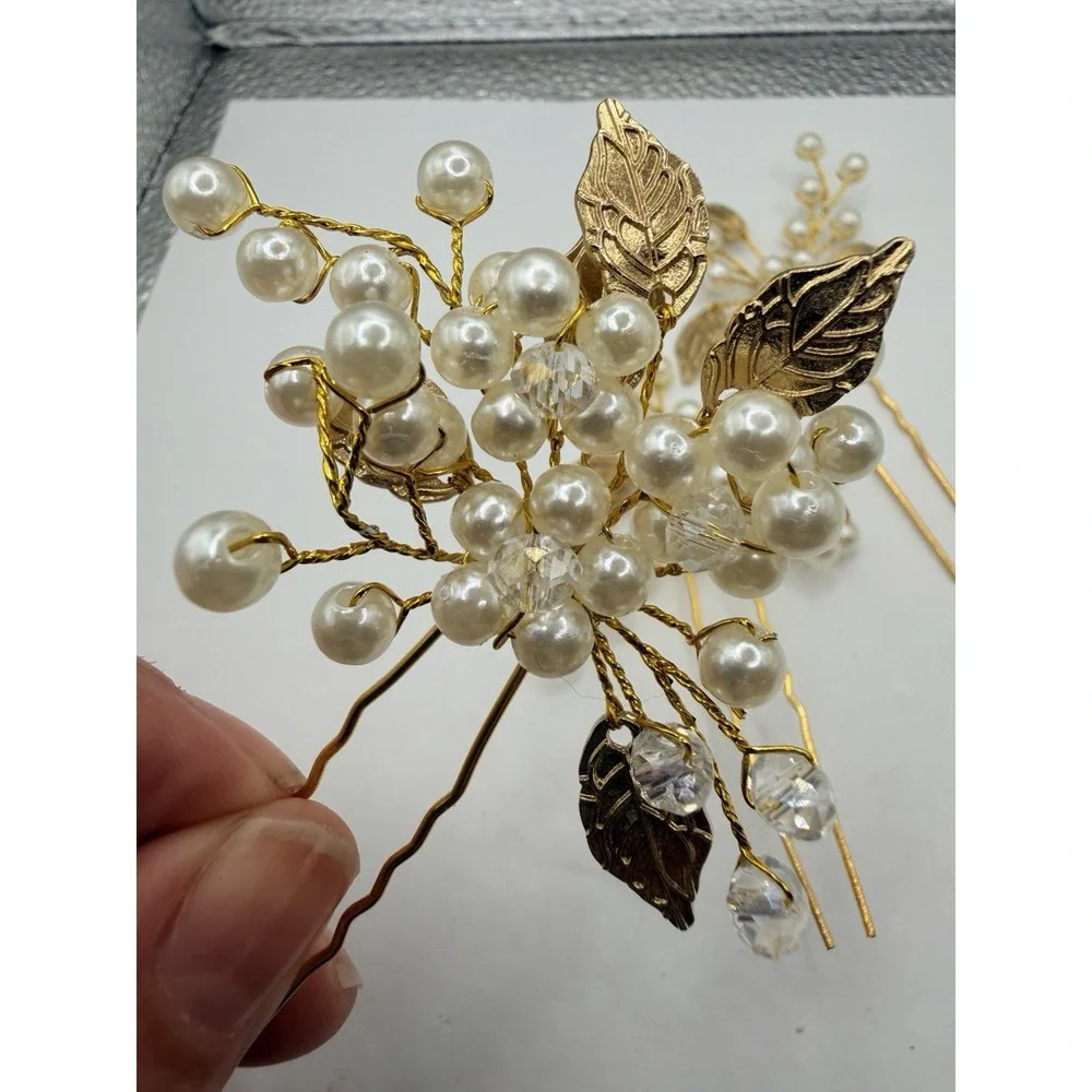 Set of 3 Gold Tone Faux Pearl and Crystal Bridal Hair Pins Wedding Accessories